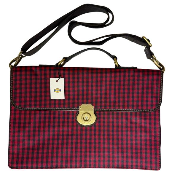 Fossil Handbags - New FOSSIL Canvas Messenger Laptop Travel Business Bag Red Black Gingham Check